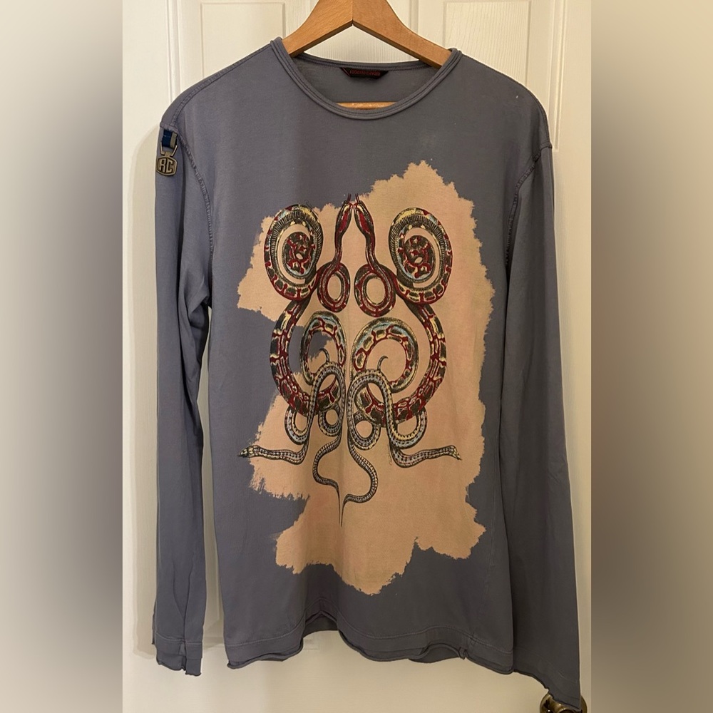Roberto Cavalli Vintage 2006 Snake Print Epaulette Long Sleeve T XS 46